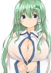  after_paizuri bangs blue_eyes breasts cleavage closed_mouth cum cum_on_body cum_on_breasts cum_on_upper_body cumdrip eyebrows_visible_through_hair frog_hair_ornament golgi_hon green_eyes green_hair hair_between_eyes hair_ornament hair_tubes highres kochiya_sanae large_breasts long_hair looking_at_viewer sidelocks simple_background smile snake_hair_ornament solo touhou upper_body white_background 