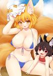  all_fours animal_ears areola_slip areolae artist_name bikini blonde_hair blue_bikini blush breasts brown_hair cat_ears cat_tail chen eyebrows_visible_through_hair fang flat_chest fox_ears fox_tail hat highres large_breasts large_tail looking_at_viewer micro_bikini multiple_girls multiple_tails navel open_mouth red_bikini red_eyes short_hair side-tie_bikini signature smile swimsuit tail touhou wolflong yakumo_ran yellow_eyes 