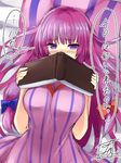  bangs bed_sheet blue_bow blunt_bangs blush book book_to_mouth bow breasts commentary_request dress eyebrows_visible_through_hair hair_bow holding holding_book large_breasts long_hair looking_at_viewer lying nose_blush on_back patchouli_knowledge pillow purple_eyes purple_hair red_bow signature solo speech_bubble striped striped_dress tirotata touhou translation_request upper_body 