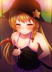  ;) arm_behind_back bangs bare_arms bare_shoulders black_hat blonde_hair blush bow braid closed_mouth commentary_request cookie_(touhou) cowboy_shot crowbar eyebrows_visible_through_hair flat_chest hair_bow hat highres kirisame_marisa long_hair looking_at_viewer one_eye_closed outdoors park purple_skirt red_bow side_braid single_braid skirt smile solo sparkle star star_pin suzu_(cookie) tarmo touhou tree very_long_hair yellow_eyes 