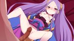  1girl bare_shoulders blush chinese_clothes dress fate/grand_order fate_(series) flat_chest frills hair_ornament long_hair lying nipples penis purple_eyes purple_hair ribbon spread_legs twintails wu_zetian_(fate/grand_order) 