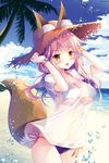  animal_ear_fluff animal_ears bad_id bad_pixiv_id bangs beach bikini blue_bikini blue_sky blush bracelet breasts cleavage cloud commentary_request day ears_through_headwear eyebrows_visible_through_hair fate/extra fate/grand_order fate_(series) fox_ears fox_tail hat highres jewelry large_breasts long_hair looking_at_viewer navel ocean open_mouth outdoors palm_tree pink_hair see-through shirt side-tie_bikini sky smile solo sousouman standing straw_hat sun_hat swimsuit t-shirt tail tamamo_(fate)_(all) tamamo_no_mae_(fate) tamamo_no_mae_(swimsuit_lancer)_(fate) tree water water_drop wet wet_clothes wet_shirt wet_t-shirt yellow_eyes 