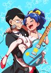  1girl black_hair blue_background blue_hair bow bowtie butler carrying cheek_squash choker closed_eyes cowboy_shot dress electric_guitar glasses guitar hair_bow highres instrument kirakira_precure_a_la_mode long_hair microphone mizushima_mitsuyoshi opaque_glasses open_mouth pantyhose precure princess_carry simple_background smile star starry_background tategami_aoi uchuu_ika 