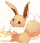  blush closed_mouth commentary_request eevee gen_1_pokemon green_eyes hands highres pokemon pokemon_(creature) simple_background sitting solo_focus sparkle ushiina white_background 