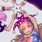  american_flag_dress bangs banned_artist blonde_hair chain clownpiece commentary_request doremy_sweet dream_soul hat hecatia_lapislazuli jester_cap junko_(touhou) kishin_sagume long_hair multiple_girls neck_ruff open_mouth pink_eyes polka_dot simple_background sketch smile solo_focus star star_print striped teeth touhou v wavy_hair wide_sleeves yuge_mugito 
