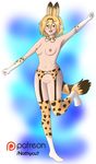  animal_ears bow bowtie breasts elbow_gloves garter_belt gloves highres kemono_friends nathycu7 nipples self_upload serval_(kemono_friends) serval_ears serval_print serval_tail simple_background smile tail thighhighs yellow_eyes 