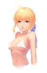  artoria_pendragon_(all) bikini_top blonde_hair braid breasts commentary covered_nipples fate_(series) french_braid green_eyes looking_at_viewer medium_breasts navel saber simple_background solo upper_body white_background white_bikini_top xion32 