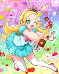  ;d aqua_skirt blonde_hair blue_eyes bow cake candy checkerboard_cookie cookie flipped_hair food fruit full_body grapes hairband hanzou happy highres kirahoshi_ciel kirakira_precure_a_la_mode light_particles lollipop long_hair looking_at_viewer one_eye_closed open_mouth orange outstretched_hand pink_bow pink_footwear pink_hairband precure rainbow_background shoes skirt smile solo star strawberry strawberry_shortcake thighhighs white_legwear 