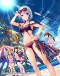  arm_up armpits ball beach beach_umbrella beachball bikini blonde_hair blush breasts cardfight!!_vanguard character_request cleavage cloud company_name eyebrows_visible_through_hair eyewear_on_head fuji_choko hand_on_hip large_breasts looking_at_viewer mountain multiple_girls navel ocean open_mouth palm_tree pink_bikini ponytail purple_bikini purple_eyes sand sarong short_hair silver_hair sky small_breasts smile standing sun sun_glare sunglasses swimsuit tankini tree twintails umbrella 