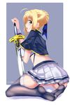  absurdres alzano_school_uniform artoria_pendragon_(all) black_legwear blonde_hair braid breasts commentary_request cosplay excalibur fate/stay_night fate_(series) feet french_braid from_behind green_eyes hand_on_sword highres incro300 looking_at_viewer looking_back medium_breasts no_shoes rokudenashi_majutsu_koushi_to_akashic_record saber school_uniform sitting soles solo thighhighs wariza 