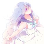  bangs blue_hair collarbone commentary_request dress earrings from_side hair_between_eyes hand_up highres jewelry long_hair looking_up naoton open_mouth original outstretched_arms purple_eyes sailor_dress simple_background solo star star_earrings white_background white_dress wings 