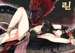  ankle_cuffs armpits arms_up bangs bare_shoulders barefoot black_dress black_hair blush breasts clenched_teeth closed_mouth commentary covered_nipples detached_sleeves dragon dress eastern_dragon eyebrows_visible_through_hair feet from_side hair_over_one_eye halterneck legs light_smile lipstick long_hair looking_at_viewer looking_to_the_side lying makeup medium_breasts midriff on_back plantar_flexion red_eyes red_lipstick rin_(seven_knights) sash see-through seven_knights sideboob sidelocks signature single_thighhigh slit_pupils smile spikes straight_hair swept_bangs taut_clothes teeth thighhighs thighs vambraces white_legwear xtermination 