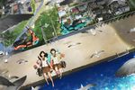  arm_behind_head barefoot bird black_hair brown_hair commentary_request food ground_vehicle long_hair lying motor_vehicle multiple_girls ocean on_back original pointing popsicle school_uniform scooter shoes_removed short_hair somehira_katsu 