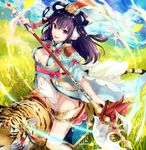  animal axe blush breasts cleavage gari_(apollonica) highres holding holding_axe large_breasts long_hair looking_at_viewer original parted_lips purple_eyes purple_hair smile teeth tiger 