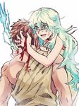  1girl artemis_(fate/grand_order) blood blue_eyes brown_hair crying crying_with_eyes_open death energy_arrow fate/grand_order fate_(series) greek_mythology hair_between_eyes hug humanization long_hair orion_(fate/grand_order) shigemitsu_jun tears toga white_hair 