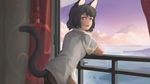  against_railing animal_ears ass black_hair butt_crack cat_ears cat_girl cat_tail cloud curtains fang highres looking_at_viewer looking_back mountain non-web_source ocean original paintrfiend parted_lips purple_sky short_hair smile solo sunset tail yellow_eyes 