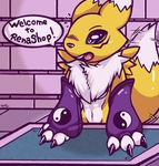  2017 alternate_form anthro black_nose blue_eyes claws crossover cute dialogue digimon digital_media_(artwork) dipstick_tail english_text female fur happy hi_res multicolored_fur multicolored_tail navel renamon signature smile solo speech_bubble sruto tailwag temmie_(undertale) text undertale video_games white_fur yellow_fur 