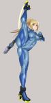  1girl ass bangs blonde_hair blue_bodysuit blue_eyes bodysuit bracelet breasts cameltoe clenched_hand closed_mouth covered_navel erect_nipples expressionless eyebrows_visible_through_hair full_body grey_background gun hand_up handgun high_heels high_ponytail holding holding_gun holding_weapon impossible_bodysuit impossible_clothes jewelry leg_up long_hair long_sleeves looking_at_viewer medium_breasts metroid mikoyan nintendo ponytail samus_aran shiny shiny_clothes simple_background skin_tight solo spread_legs standing standing_on_one_leg swept_bangs turtleneck weapon zero_suit 