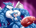  2017 anthro balls biceps big_pecs big_penis blue_skin blush claws cock_riding digimon duo erection exveemon huge_penis hyper hyper_muscles male male/male modca muscular muscular_male nude on_lap pecs penis precum red_eyes sitting_on_lap size_difference tongue tongue_out triceps veemon wings 