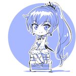  boots chibi commentary iesupa long_hair ponytail rwby rwby_chibi scar scar_across_eye sitting smile solo suitcase treasure_chest weiss_schnee 
