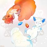  alolan_form alolan_vulpix atsumi_jun closed_eyes evolutionary_stone fire_stone ice_stone looking_at_another no_humans open_mouth pokemon pokemon_(creature) red_eyes rotational_symmetry vulpix 