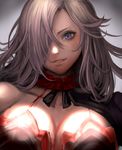 blue_eyes breasts cinderella_(sinoalice) commentary_request face frilled_skirt frills hair_over_one_eye large_breasts lips long_hair looking_at_viewer parted_lips silver_hair sinoalice skirt solo starry_babe 