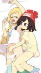  2girls armpit_licking armpits arms_up artist_request bare_shoulders beige_shirt between_legs black_hair blonde_hair blue_eyes blush braid breasts breasts_outside collarbone dress drooling eyebrows_visible_through_hair green_eyes green_shorts half-closed_eyes hat highres kneehighs lillie_(pokemon) long_hair looking_back mizuki_(pokemon_sm) multiple_girls navel nipples open_mouth panties panty_pull pokemon pokemon_sm pussy pussy_juice red_hat saliva shirt short_hair shorts shorts_around_one_leg shorts_down simple_background skindentation sleeveless sleeveless_dress small_breasts socks standing sun_hat tears teeth tongue tongue_grab tongue_out twin_braids uncensored wet_panties white_background white_dress white_hat white_panties white_socks yuri 