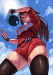  1girl 2017 :d ;d baseball_cap breasts brown_hair female_protagonist_(pokemon_go) from_below green_eyes looking_at_viewer one_eye_closed phone pokemon pokemon_go ponytail pov sky smile solo standing summer sun sweat teeth thick_thighs thighhighs thighs zheng 