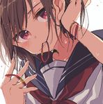  bangs blush boyano brown_hair closed_mouth commentary_request hair_tie hair_tie_in_mouth hand_in_hair looking_at_viewer lowres mouth_hold neckerchief oekaki original pixel_art purple_eyes red_neckwear school_uniform serafuku simple_background solo sweat tying_hair white_background 