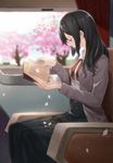  black_eyes black_hair book eyewear_removed glasses haru_(hiyori-kohal) holding holding_book looking_away medium_hair open_book original reading sitting solo train_interior 