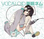  album_cover black_hair brown_eyes character_name copyright_name cover headphones highres horiguchi_yukiko jacket letterman_jacket looking_at_viewer microphone official_art oversized_clothes ribbed_legwear shoes short_hair shorts sitting sleeves_past_wrists smile solo tanuki tanuqn thighhighs vocaloid yumemi_nemu_(vocaloid) 