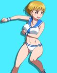  bikini blonde_hair blue_background blush breasts brown_eyes fukuda_noriko idolmaster idolmaster_million_live! large_breasts open_mouth puge sailor_bikini sailor_collar sailor_swimsuit_(idolmaster) short_hair solo sparkle swimsuit 