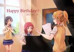  :d ayase_eli bangs blazer blonde_hair blue_bow blue_eyes blue_neckwear blue_sky blush bow bowtie brown_eyes collared_shirt commentary_request curtains dated day diagonal_stripes door eyebrows_visible_through_hair grand_piano hair_between_eyes hair_ornament hair_scrunchie happy happy_birthday high_ponytail highres holding holding_paper indoors instrument jacket lens_flare long_hair looking_at_viewer love_live! love_live!_school_idol_project multiple_girls nishikino_maki open_mouth otonokizaka_school_uniform own_hands_together paper piano profile purple_eyes purple_hair red_hair school_uniform scrunchie sheet_music shirt short_hair short_sleeves signature sky smile sonoda_umi striped striped_bow striped_neckwear suito sunlight vest white_curtains white_scrunchie white_shirt window wing_collar yellow_vest 