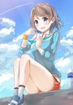  absurdres blue_eyes blue_sweater blush bottle brown_hair cloud cloudy_sky condensation_trail day eyebrows_visible_through_hair from_below highres legs legs_together looking_at_viewer love_live! love_live!_sunshine!! open_mouth outdoors red_shorts short_hair short_shorts shorts sitting sky socks solo sonoko_neko sweatdrop sweater thick_thighs thighs watanabe_you water_bottle white_legwear wristband 