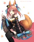  :d animal_ears bangs black_legwear blue_bow blush bow breasts cleavage detached_sleeves fang fate/extra fate_(series) fox_ears fox_shadow_puppet fox_tail frills hair_between_eyes hair_bow hair_ornament hat long_hair looking_at_viewer medium_breasts mini_hat mini_top_hat o-ring o-ring_top open_mouth pink_background pink_hair plurk_username sitting smile solo tail tamamo_(fate)_(all) tamamo_no_mae_(fate) thighhighs top_hat twintails two-tone_background white_background yellow_eyes yimu 