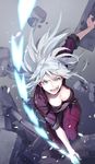  bangs blue_eyes breasts commentary_request grin highres holding holding_weapon holding_whip jacket judith_(unlight) jumpsuit long_hair looking_at_viewer medium_breasts open_clothes open_jacket open_mouth shuzi silver_hair sleeves_rolled_up smile solo teeth unlight weapon 