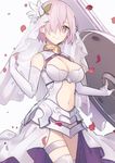  adapted_costume aikanm alternate_color armor bare_shoulders blurry breasts bridal_veil cleavage cleavage_cutout closed_mouth cowboy_shot depth_of_field elbow_gloves fate/grand_order fate_(series) faulds fingerless_gloves flower from_side gloves gorget hair_flower hair_ornament hair_over_one_eye halterneck large_breasts lavender_hair leotard light_smile lily_(flower) looking_at_viewer mash_kyrielight multicolored multicolored_clothes multicolored_skirt navel navel_cutout petals purple_eyes purple_skirt shield short_hair showgirl_skirt simple_background skirt smile solo standing thigh_strap thighhighs thighs veil waist_cape white_background white_flower white_gloves white_legwear white_leotard white_skirt 