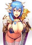  armor blue_bra blue_hair blue_panties bra braid breasts cleavage covered_nipples elf gloves gradient gradient_background grey_background hair_between_eyes holding holding_sword holding_weapon huge_breasts leaning_forward looking_at_viewer multi-strapped_panties ogino_(oginogino) open_mouth original panties pointy_ears purple_eyes side_braid smile solo sword thighhighs underwear weapon white_gloves white_legwear 