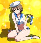  ahoge barefoot bikini blush breasts commentary_request green_eyes hat high_heels idolmaster idolmaster_million_live! idolmaster_million_live!_theater_days large_breasts light_brown_hair navel puge sailor_bikini sailor_collar sailor_swimsuit_(idolmaster) sakuramori_kaori sandals shoes_removed short_hair sitting solo strappy_heels swimsuit wariza 