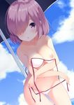  ass_visible_through_thighs bare_shoulders beach_umbrella bikini breasts cloud cloudy_sky collarbone day fate/grand_order fate_(series) hair_over_one_eye leaning_forward lens_flare looking_at_viewer mash_kyrielight medium_breasts mimura_zaja navel nipples outdoors purple_eyes purple_hair side-tie_bikini sky solo standing string_bikini swimsuit swimsuit_of_perpetual_summer umbrella untied untied_bikini white_bikini 