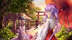  blue_eyes braid breasts cleavage flower hair_flower hair_ornament highres japanese_clothes long_hair looking_at_viewer medium_breasts miko muwa12 neptune_(series) purple_hair purple_heart shrine solo symbol-shaped_pupils twin_braids umbrella very_long_hair 