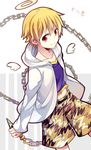  bangs blonde_hair chain child_gilgamesh closed_mouth enkidu_(weapon) fate/stay_night fate_(series) gilgamesh hair_between_eyes hood hoodie looking_at_viewer male_focus navel open_clothes open_hoodie red_eyes shorts smile solo yimu 