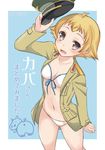  abenattou bikini black_eyes blonde_hair blue_background blush border breasts cleavage commentary_request dutch_angle erwin_(girls_und_panzer) front-tie_top girls_und_panzer groin hat hat_removed headwear_removed hippopotamus holding holding_hat jacket jacket_over_swimsuit medium_breasts navel outside_border swimsuit thighs translation_request white_background white_border 