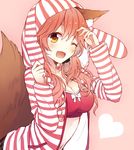  ;d animal_ears animal_hood bangs blush bra breasts bunny_hood cleavage commentary_request fang fate/extra fate_(series) fox_ears fox_tail heart hood hoodie long_hair looking_at_viewer medium_breasts one_eye_closed open_clothes open_hoodie open_mouth pink_background pink_bra pink_hair sidelocks simple_background smile solo striped striped_sweater sweater tail tamamo_(fate)_(all) tamamo_no_mae_(fate) underwear wavy_hair yellow_eyes yimu 