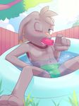  4_fingers anthro blush bulge chest_tuft clothing detailed_background food fur grass green_eyes grey_fur holding_object lagomorph licking male mammal navel one_eye_closed outside popsicle rabbit rexin sitting speedo sweatdrops swimming_pool swimsuit tongue tongue_out tuft water wet young 