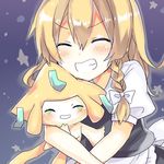  ^_^ apron bad_id bad_pixiv_id bangs blonde_hair blush braid closed_eyes commentary_request gen_3_pokemon grin highres hug jirachi kirisame_marisa no_hat no_headwear pokemon pokemon_(creature) side_braid single_braid skirt skirt_set smile star teeth touhou v-shaped_eyebrows vest waist_apron yorurumo 