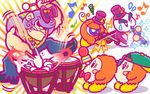  baseball_cap beamed_eighth_notes blush_stickers bonkers bow bowtie chilly_(kirby) clarinet commentary_request drum drumsticks eighth_note gorilla hat instrument kirby_(series) microphone monkey musical_note no_humans official_art purple_hair quarter_note shaded_face simple_background snowman top_hat tuxedo video_camera violin waddle_dee waddle_doo white_background wince 