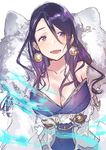  blush breasts cleavage earrings fly_(marguerite) fur_collar hair_between_eyes half-closed_eyes jewelry kaguya_hime_(sinoalice) large_breasts long_hair looking_at_viewer open_mouth purple_eyes purple_hair simple_background sinoalice smile solo tareme upper_body wavy_hair white_background 