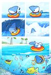  2017 beach blue_skin chibi collar comic cute dot_eyes feral fin fish group head_fin humming hybrid inner_tube marine multicolored_skin palm_tree quadruped sea seaside shark solo_focus surprise tail_fin tree two_tone_skin underwater upside_down vress_(artist) vress_(character) water wave white_skin 