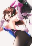  \m/ adapted_costume aiming_at_viewer animal_ears animal_print artist_name ass bangs bare_shoulders bent_over black_legwear blue_leotard blush breasts brown_eyes brown_hair bunny_ears bunny_girl bunny_print bunny_tail bunnysuit charm_(object) chococuco cleavage cowboy_shot d.va_(overwatch) eyebrows_visible_through_hair facepaint facial_mark fake_animal_ears foreshortening from_side gloves gun handgun headphones highres holding holding_gun holding_weapon leaning_forward leotard long_hair looking_at_viewer looking_to_the_side medium_breasts open_mouth outstretched_arm overwatch pantyhose pistol pose ribbed_leotard sideboob signature simple_background sleeveless smile solo strapless swept_bangs tail trigger_discipline weapon whisker_markings white_background white_gloves 